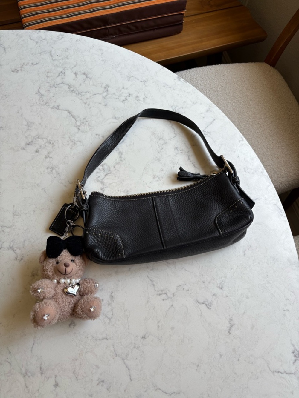 Coach Hamptons Y2K Classic Black Leather Shoulder Bag with Charm